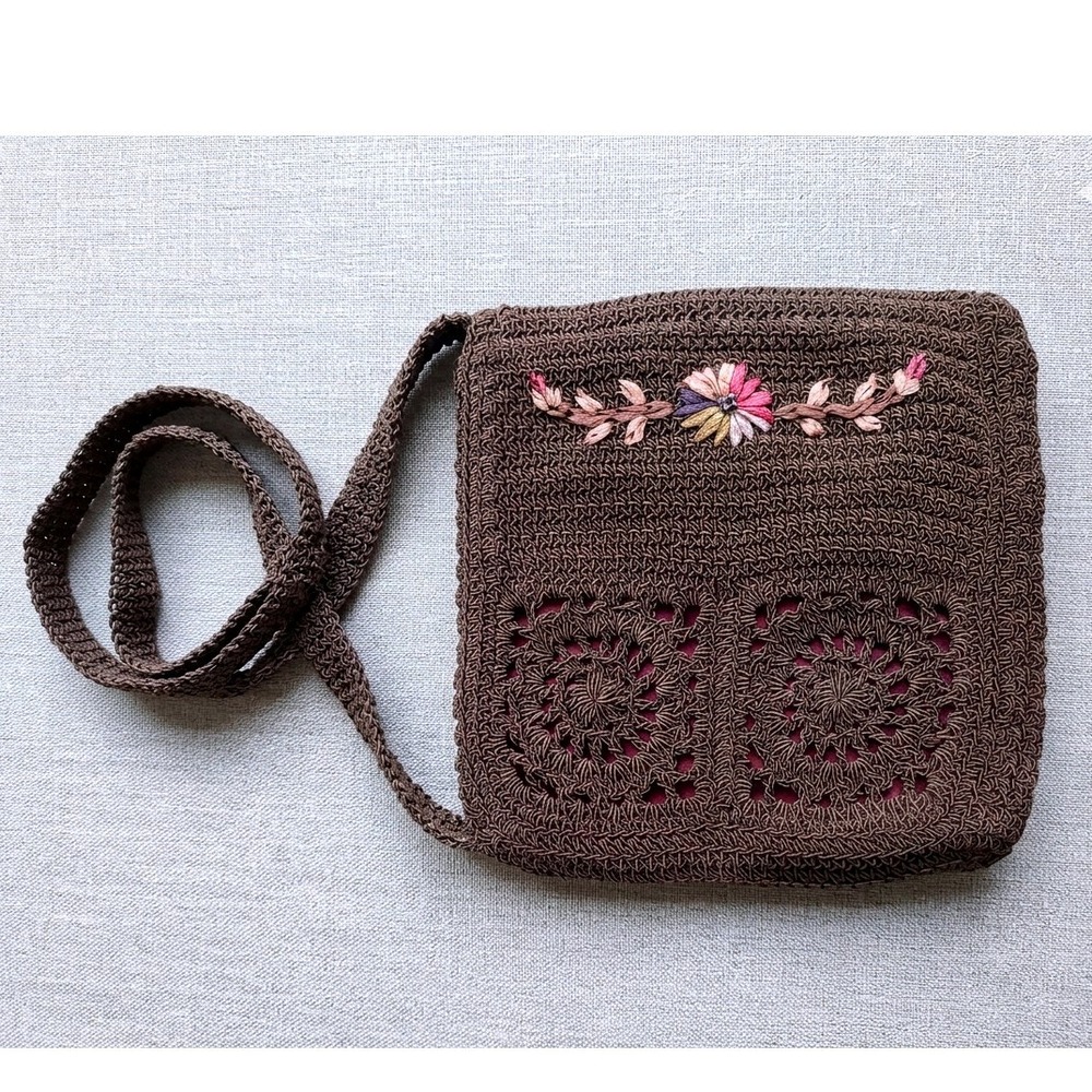 Brown Crochet Sak Crossbody Bag with Floral Embroidery EUC
